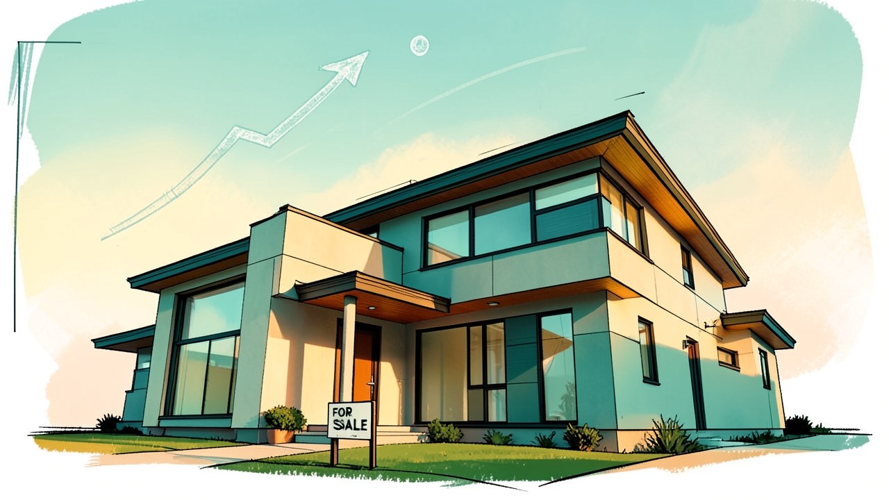 A modern house with a small for sale sign in the front yard, under a sky with a dynamic chalk drawing of a rising trend line and a dot.