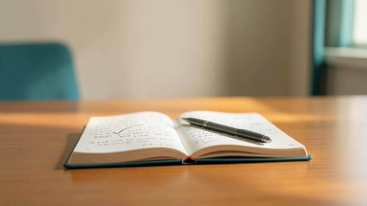 An open notebook with a pen resting on a page filled with handwritten notes and a small chart of an upward-curving line.