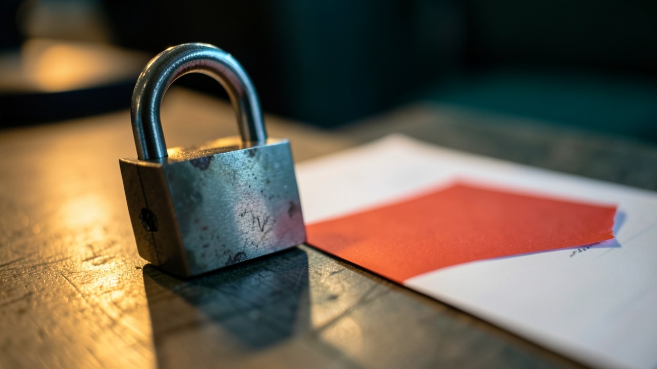 A closed padlock on a table next to a document with a redacted redacted block, symbolizing privacy.