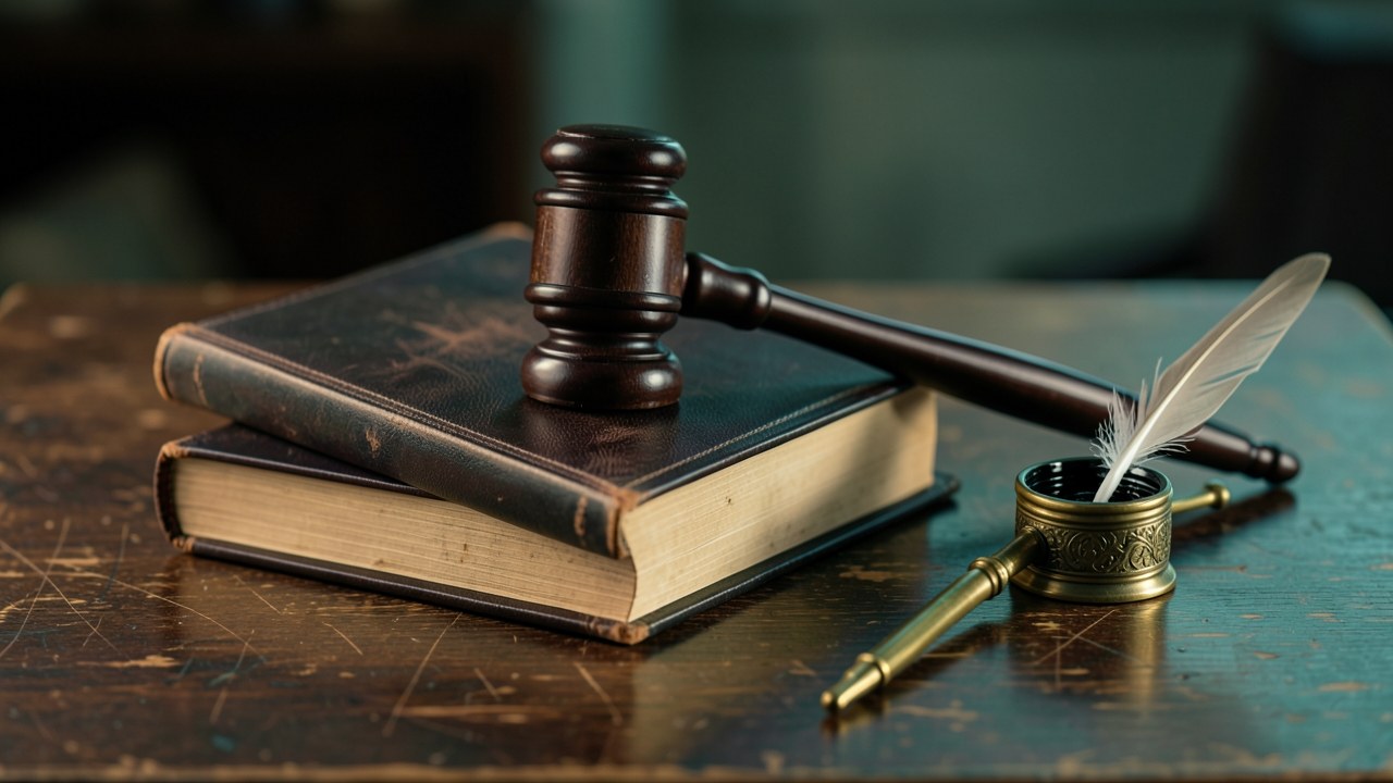 A gavel resting on a stack of legal books, with a quill pen in an inkwell beside them.