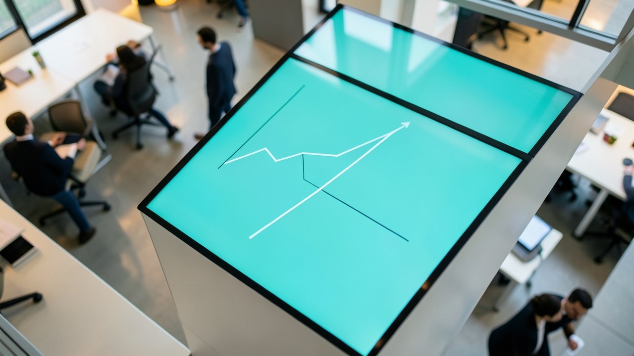 A large digital display showing a line graph of a rising trend, viewed from the side with an out-of-focus background of a modern city.