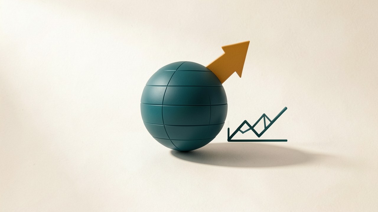 An abstract representation of economic indicators: a globe, an upward arrow, and a small graph, all in a minimalist style.