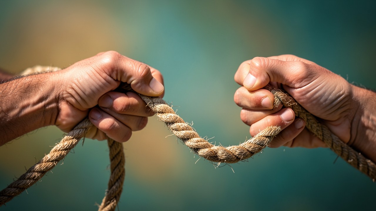 Two hands: one holding a steady, fixed rope and the other holding a rope with a dynamic wave, symbolizing fixed and adjustable rates.
