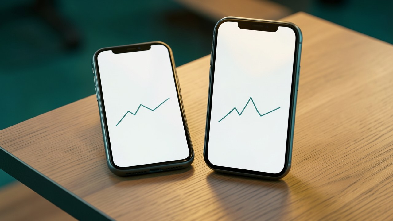 Two smartphones side by side on a desk, each displaying a different minimalist chart, but screens are blank except for a simple line graph.