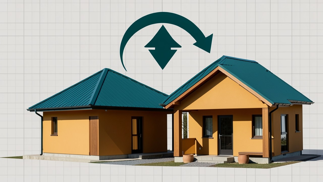 A house with an arrow pointing down in a circular motion, suggesting refinancing, on a plain background with a subtle grid.